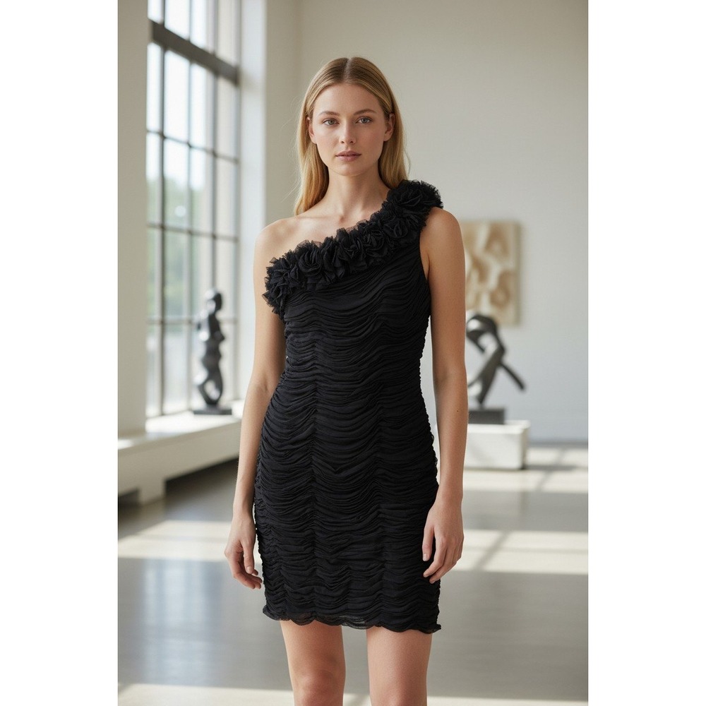 Calvin Klein Silk One Shoulder Dress 8 Whimsigoth Rosette Cocktail Coquette